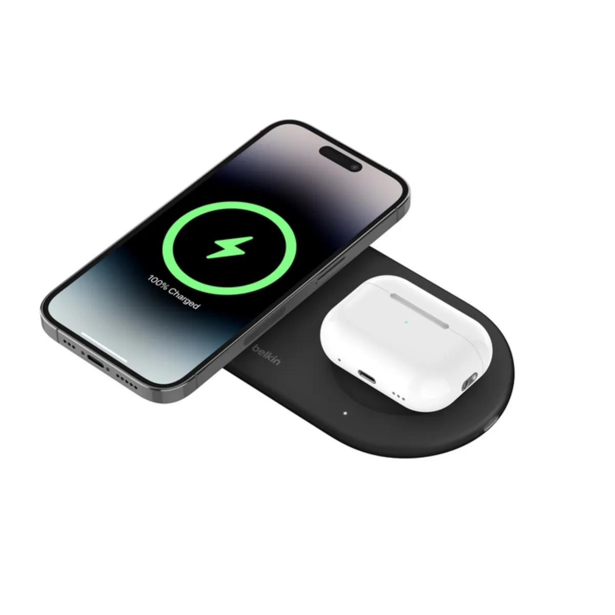 BELKIN - Base de carga 2 en 1 inalambrica plana Qi2 con USB-C Negra