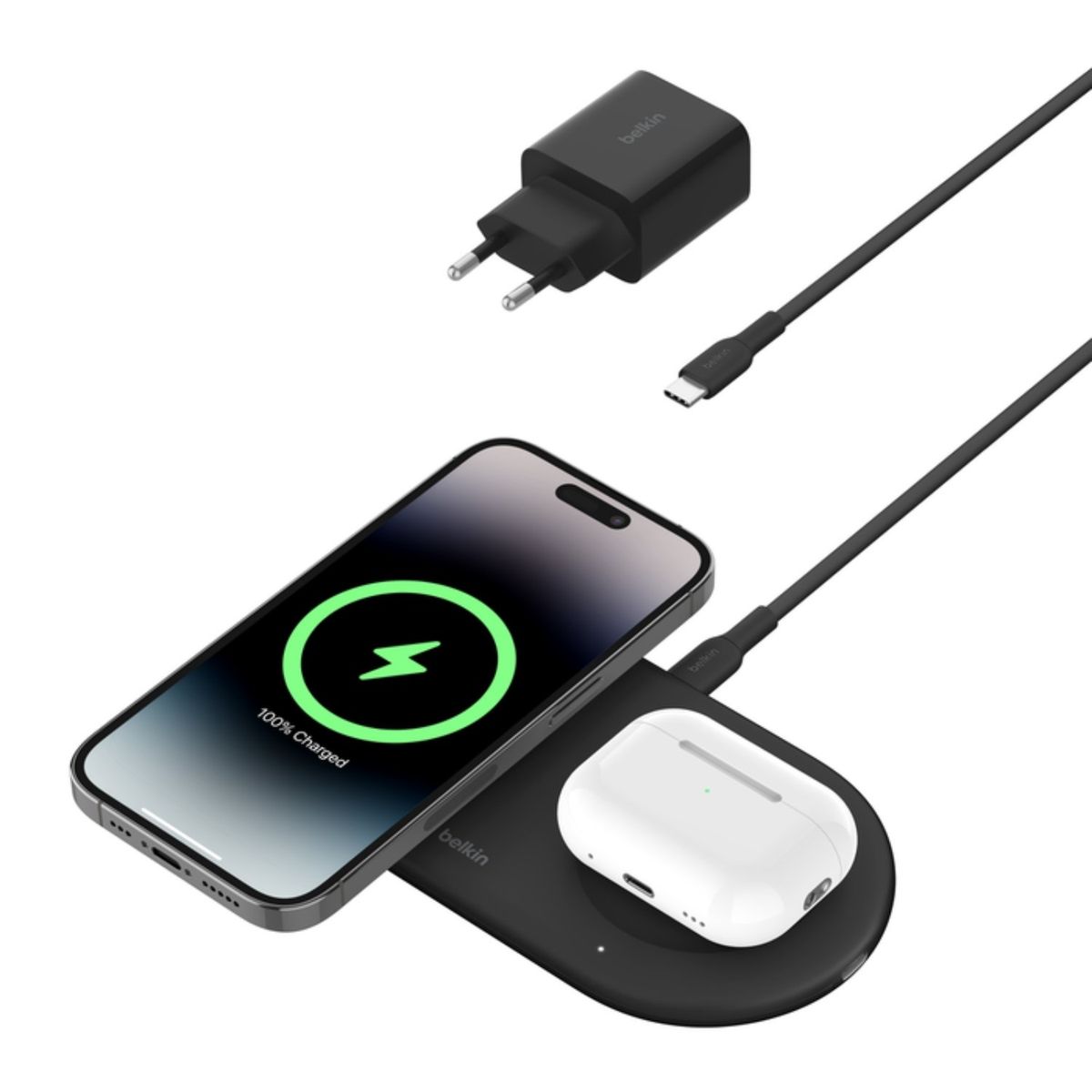 BELKIN - Base de carga 2 en 1 inalambrica plana Qi2 con USB-C Negra