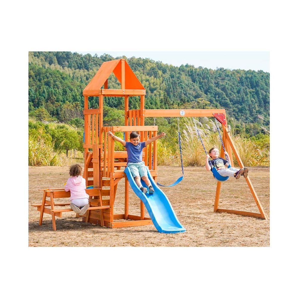 DINO CARS CHILE - Juego de madera con columpios para exterior con mesa picnic y muro de escala