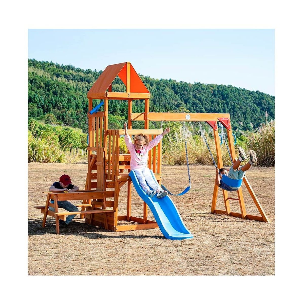 DINO CARS CHILE - Juego de madera para exterior con columpio y barras  mesa picnic y muro de escala