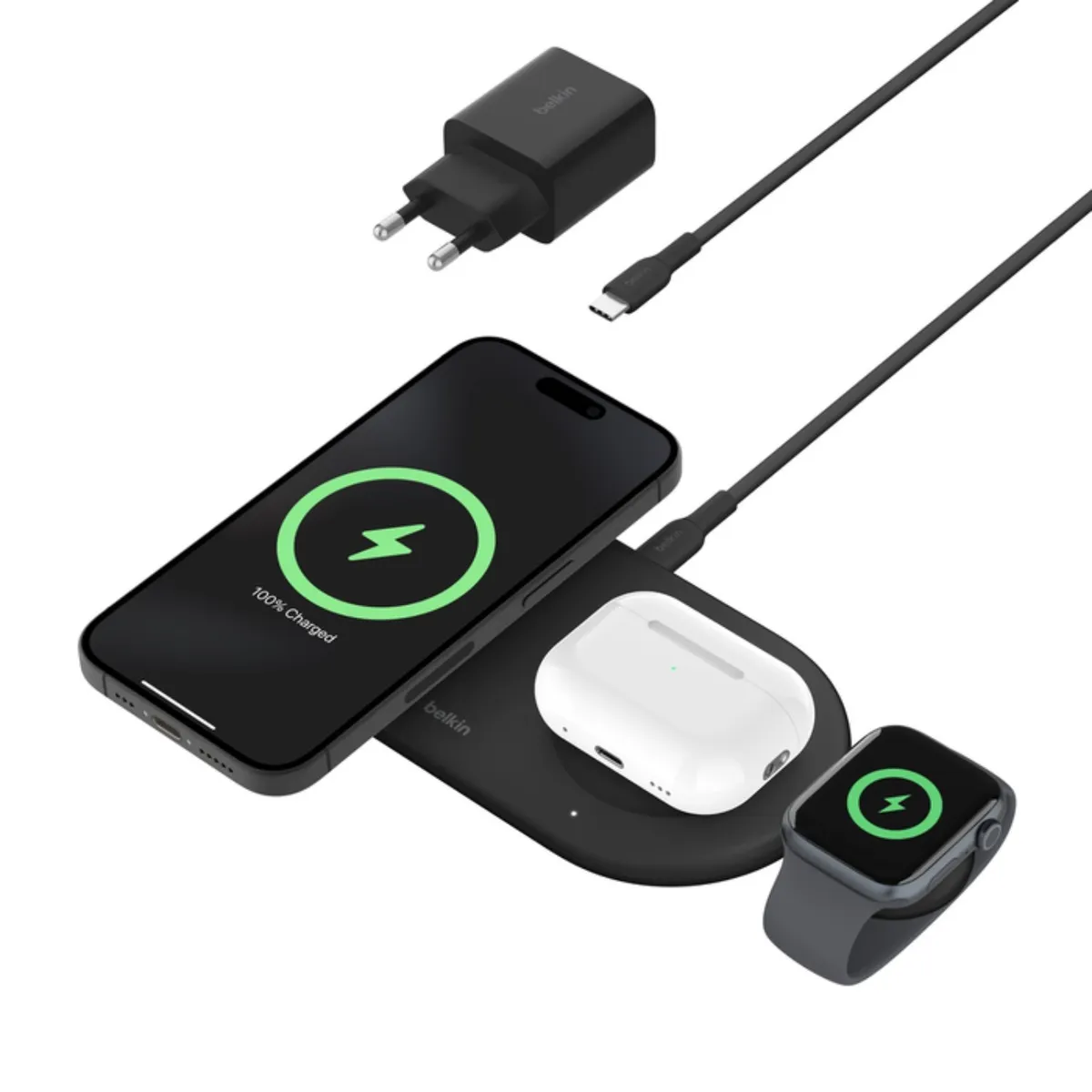 BELKIN - Base de carga 3 en 1 inalambrica plana Qi2 Belkin negra