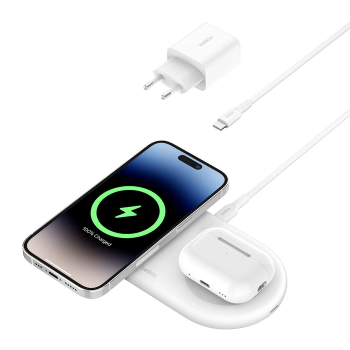BELKIN - Base de carga 2 en 1 inalambrica plana Qi2 con USB-C Blanca