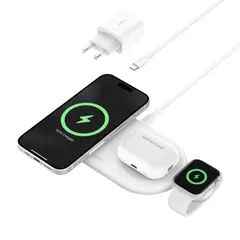 BELKIN - Base de carga 3 en 1 inalambrica plana Qi2 blanca