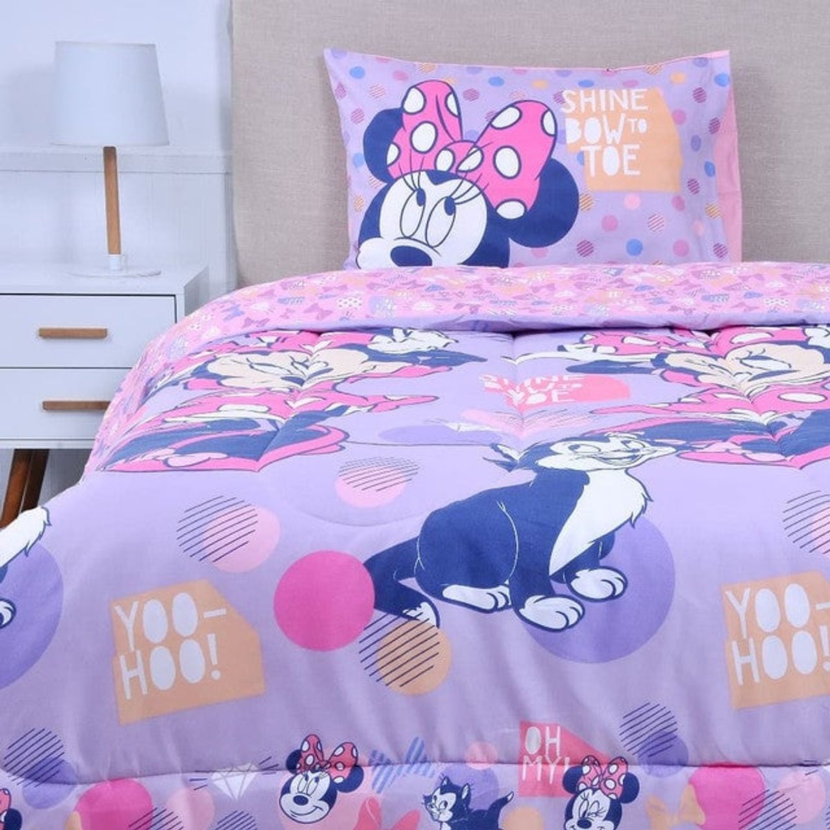 MASHINI - Cobertor Plumón Cubrecama Reversible 1.5 Plaza Diseño Minnie mouse shine