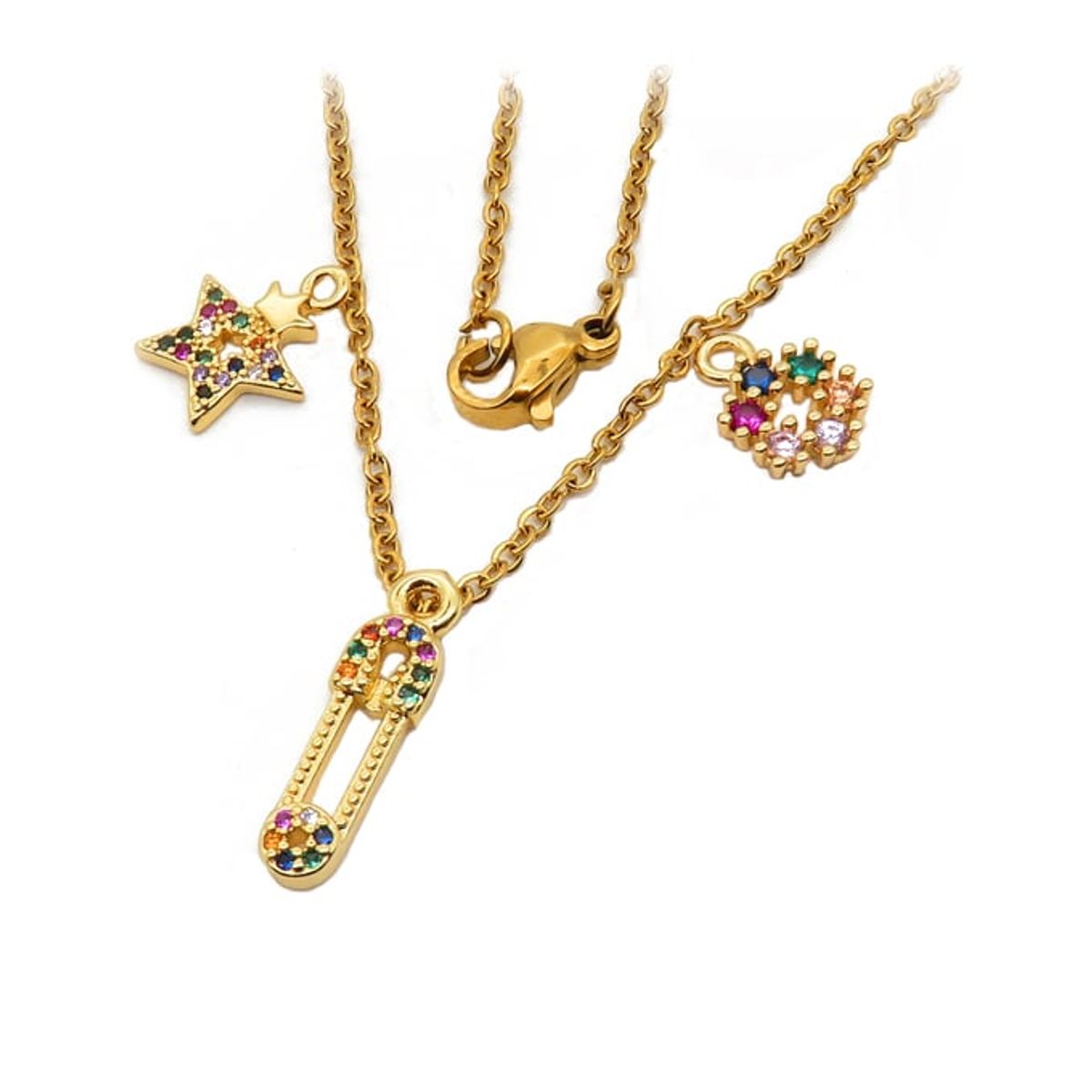 VANE COLLECTION - Cadena collar mujer dorada doble baño de oro corazón y luna circones