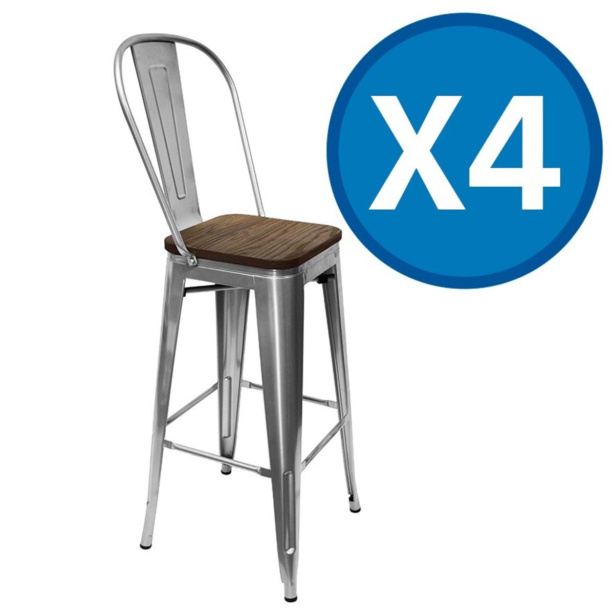 TODODESCUENTO - Pack 4 Pisos Taburetes Tolix, 77 Cm, Base Madera Oscura- Plata