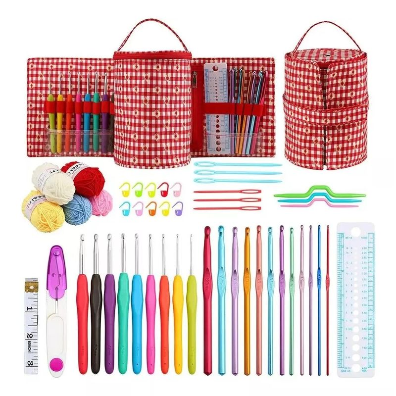 GENERICO - Set De Crochet Lanas Y Accesorios Para Tejer Con Bolsito Roj