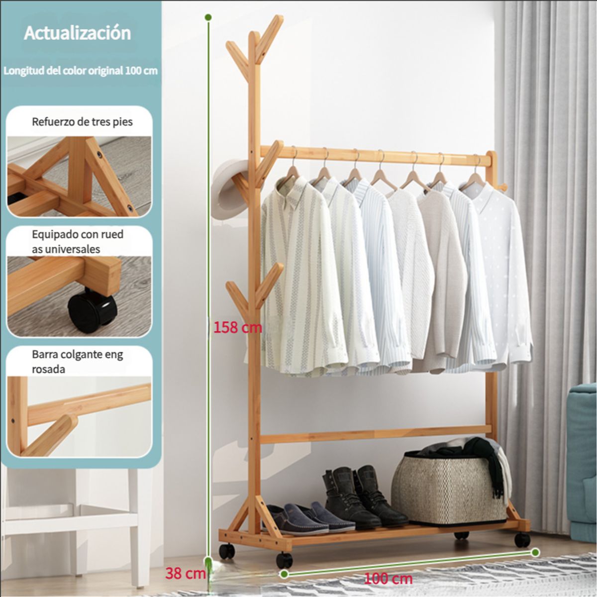 GENERICO - Tendedero Ropa Perchero bambu 100cm ancho