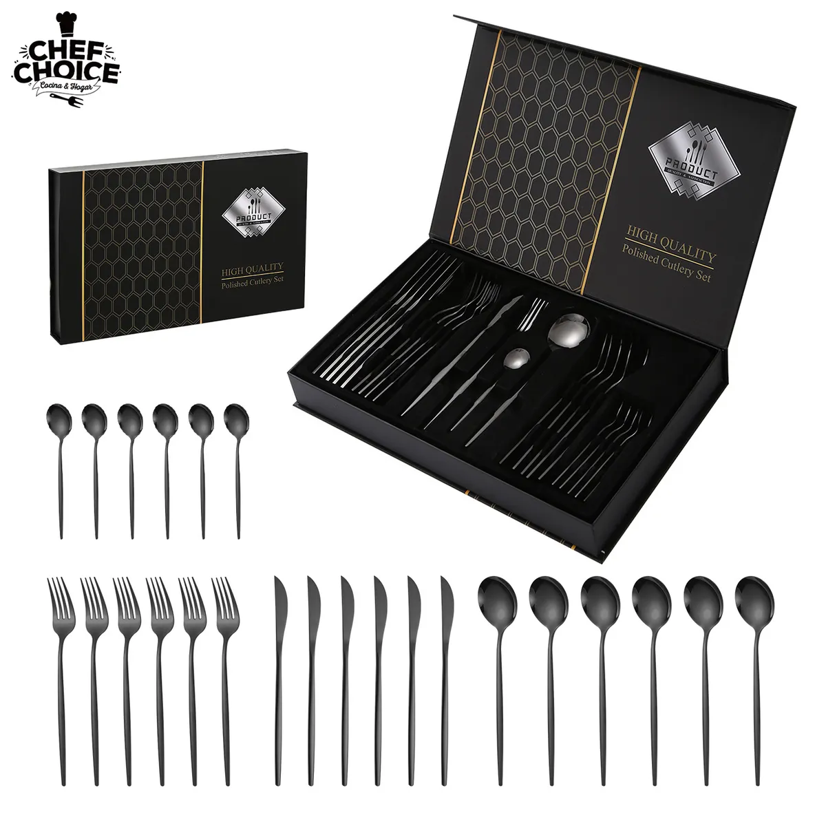CHEFCHOICE - Set Cubiertos 24pcs Acero Inoxidable Juego Cuchilleria Negro