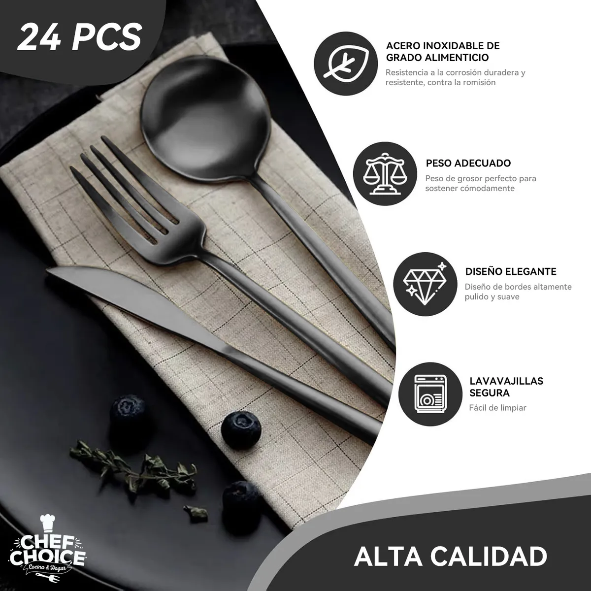 CHEFCHOICE - Set Cubiertos 24pcs Acero Inoxidable Juego Cuchilleria Negro