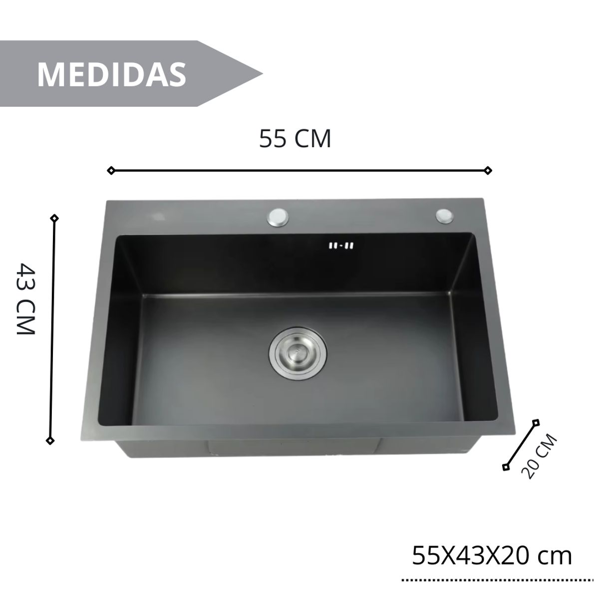 MODERN SPACE - Lavaplatos 55x43 Cm Negro 2mm Con Grifería Notte