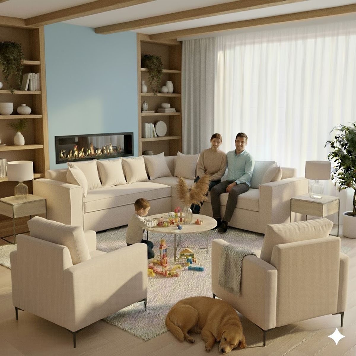 SITIAL HOME - Living 311 Romeo beige claro Seccional + 2 Poltronas Resortes Pocket