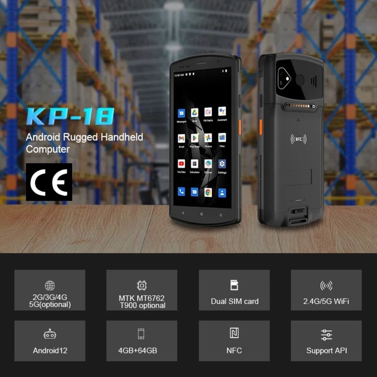 DOOGEE - KT-KP18 PDA Industrial con Lector de Códigos de Barras RFIDNFC 1356MHz Android 12