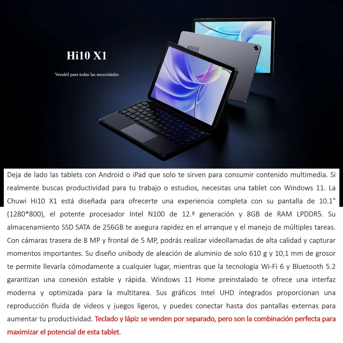 CHUWI - Chuwi Hi10 X1 - Tablet Windows 11 con Procesador Intel N100 y 8GB de RAM