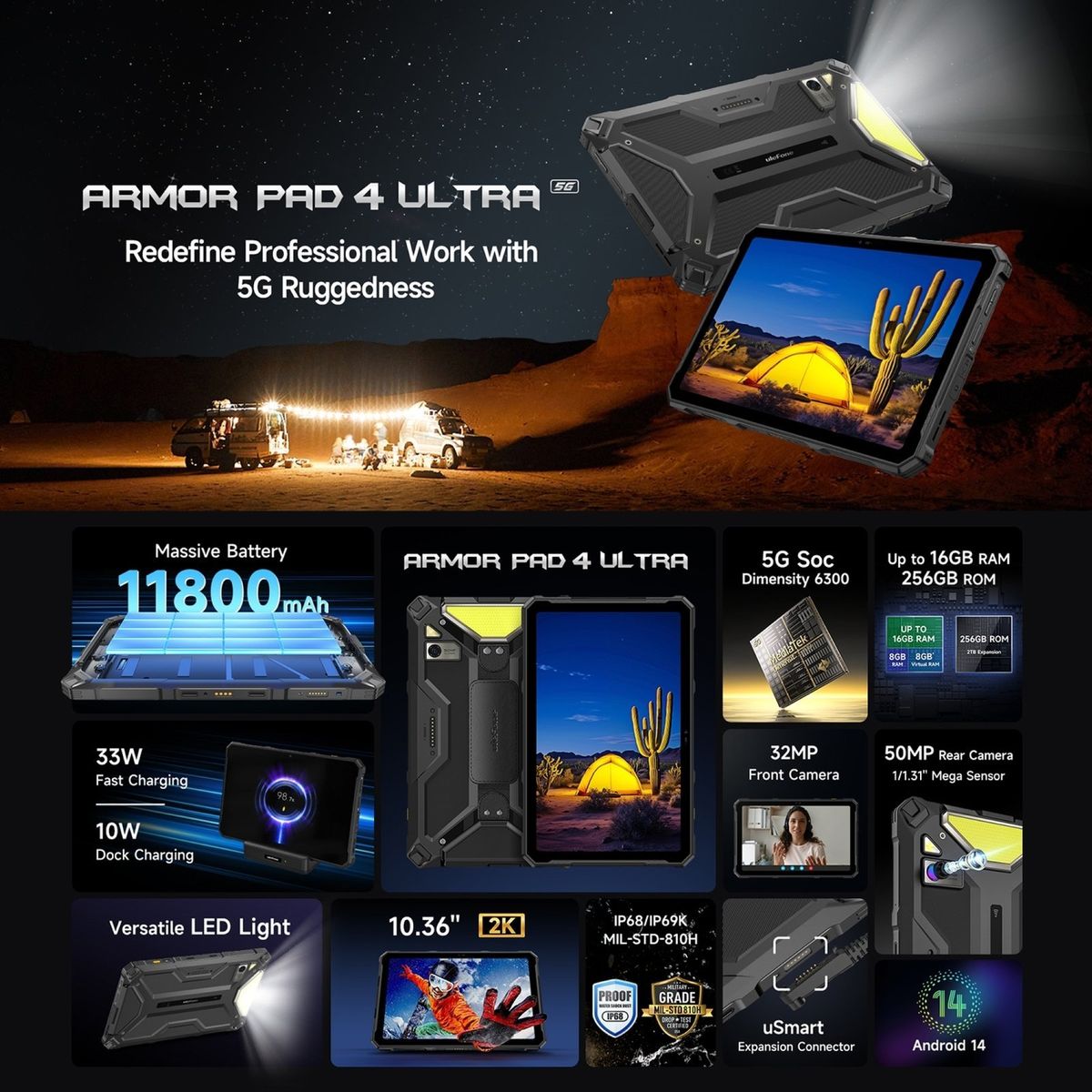 ULEFONE - Ulefone Armor Pad 4 Ultra - Tablet Rugged 1036 5G 8GB RAM 256GB - Resistencia Extrema