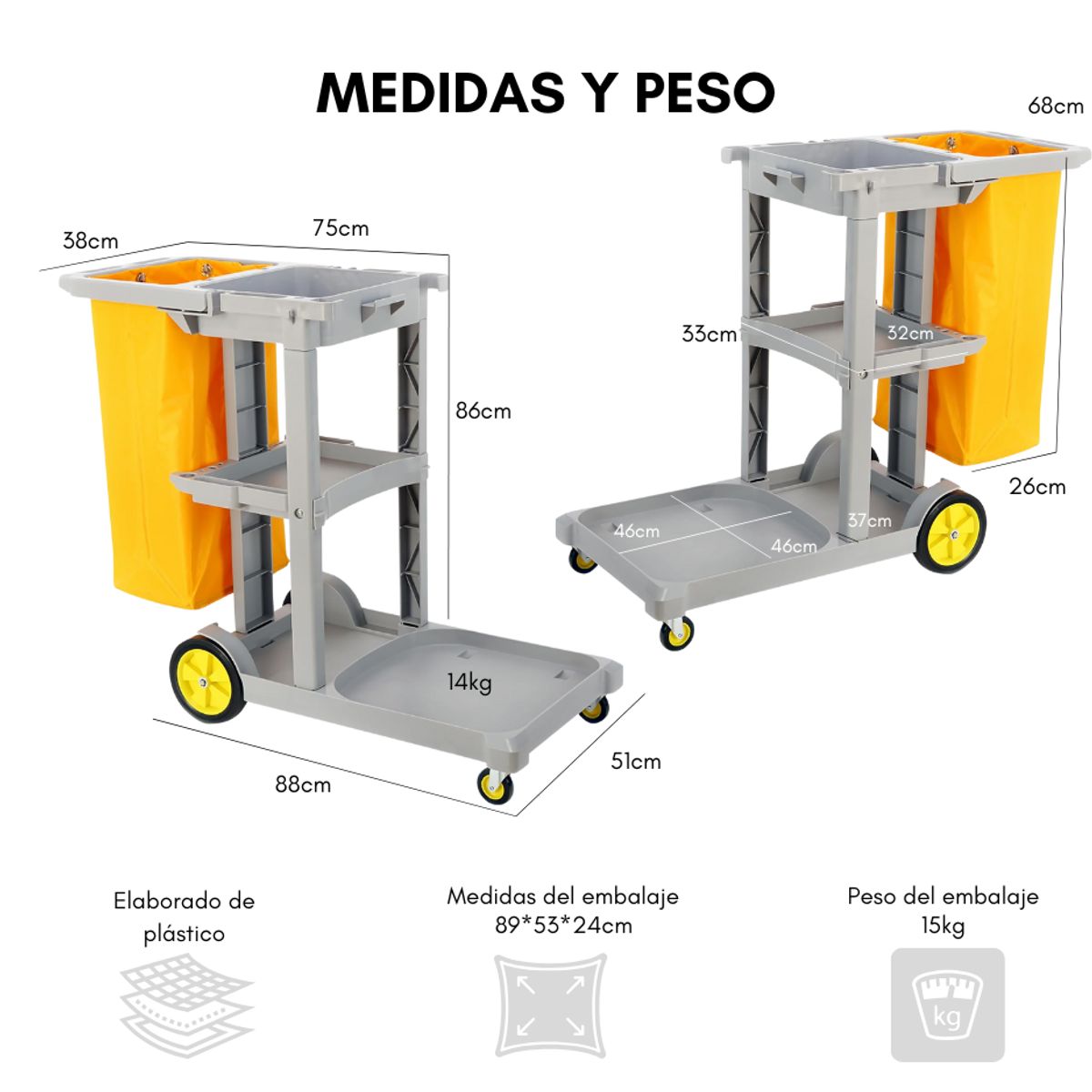 GENERICO - Carro Aseo Y Limpieza Con Bolsa Recolectora 119x52x96 Cm