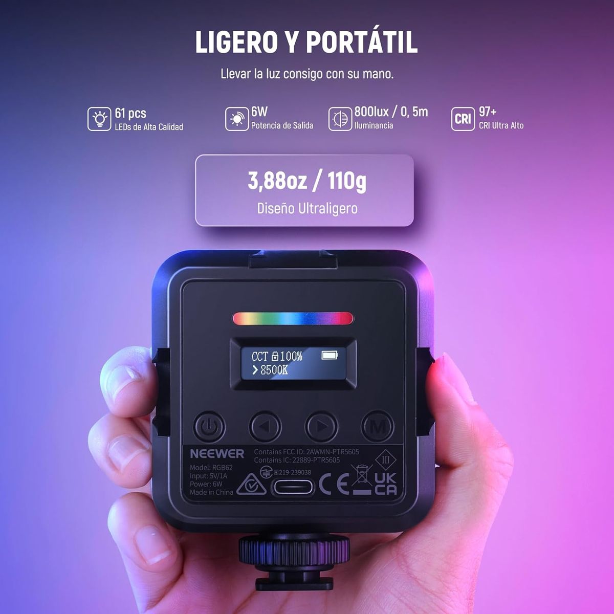 NEEWER - RGB62 Magnético RGB Vídeo LED Luz con Control de APP CRI97 + 2000mAh