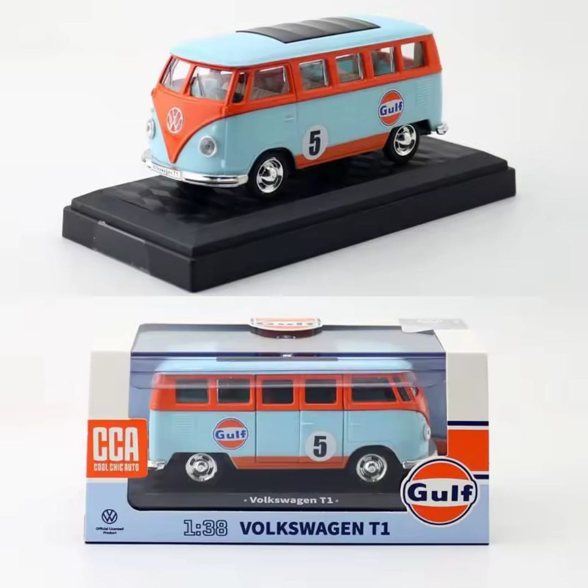GENERICO - Autos Coleccion Volkswagen T1 combi GULF 1 :38 Color celeste