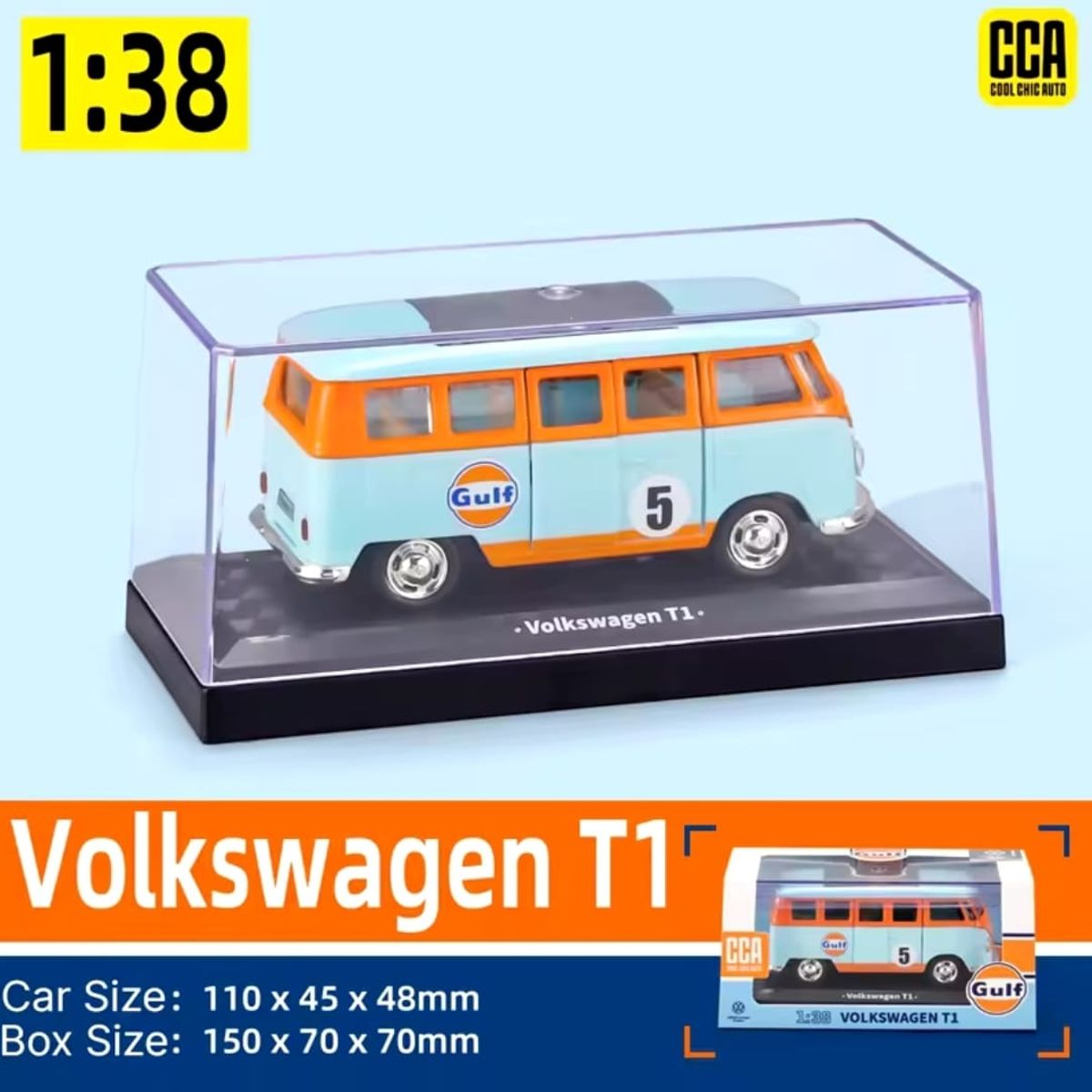 GENERICO - Autos Coleccion Volkswagen T1 combi GULF 1 :38 Color celeste
