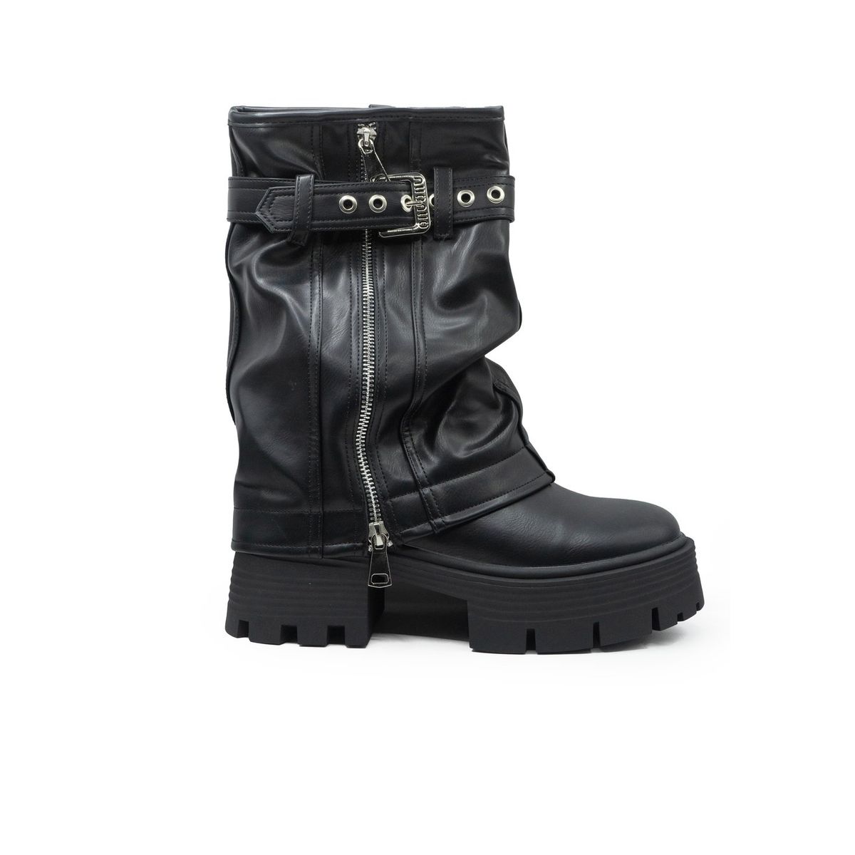 APOSTOL - Bota corta con taco plataforma polaina negro