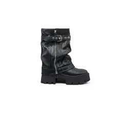 APOSTOL - Bota corta con taco plataforma polaina negro