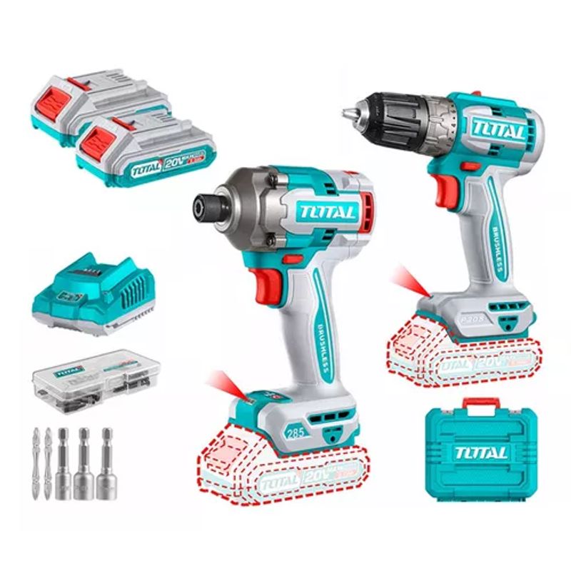 TOTAL TOOLS - Kit Atornillador De Impacto+ Taladro 20v 2bat + Carg Total.
