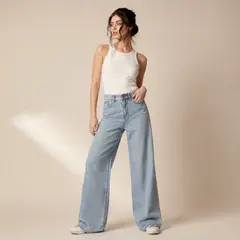 MOMCHIC - Jeans Stella New celeste Wide Leg Tiro Alto Algodón