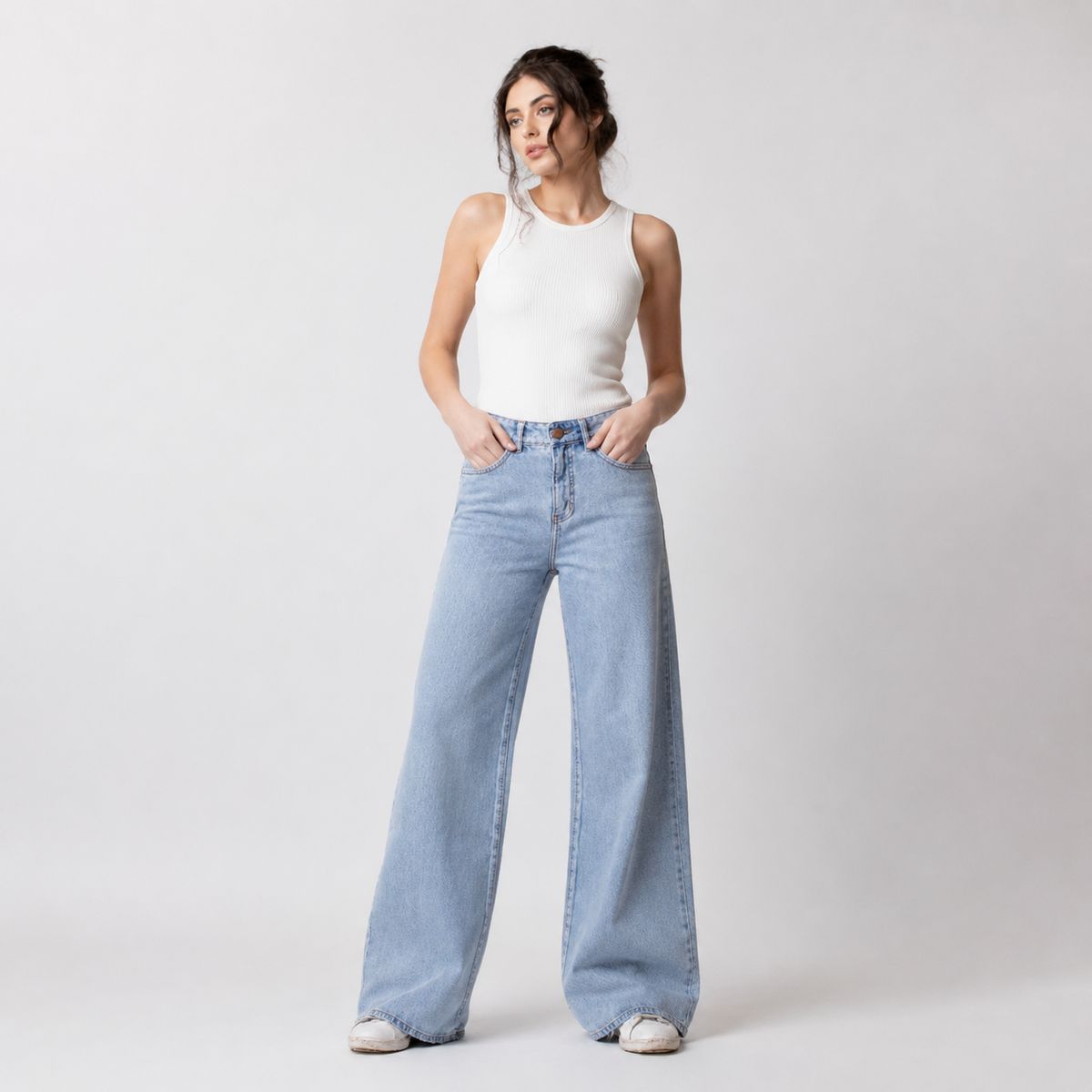 MOMCHIC - Jeans MOMCHIC Stella New celeste Wide Leg Tiro Alto Algodón