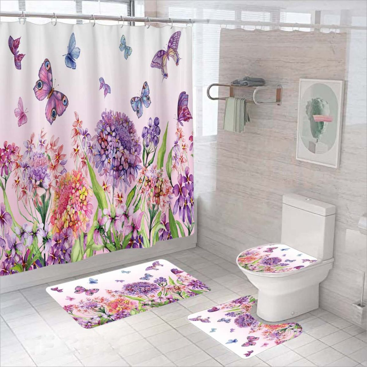 GENERICO - SET DE BAÑO IMPERMEABLE 4 PIEZAS CON DISEÑO MARIPOSAS ROSAS TF
