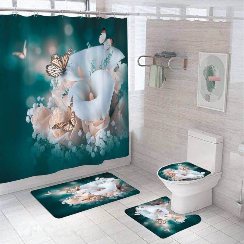 GENERICO - SET DE BAÑO IMPERMEABLE 4 PIEZAS CON DISEÑO VERDE MARIPOSAS TF