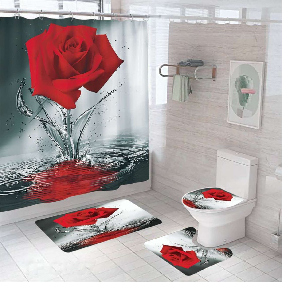 GENERICO - SET DE BAÑO IMPERMEABLE 4 PIEZAS CON DISEÑO ROSA ROJA TF