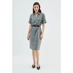 MA GRIFFE - Vestido Lino Cuello Camisero Verde Magriffe