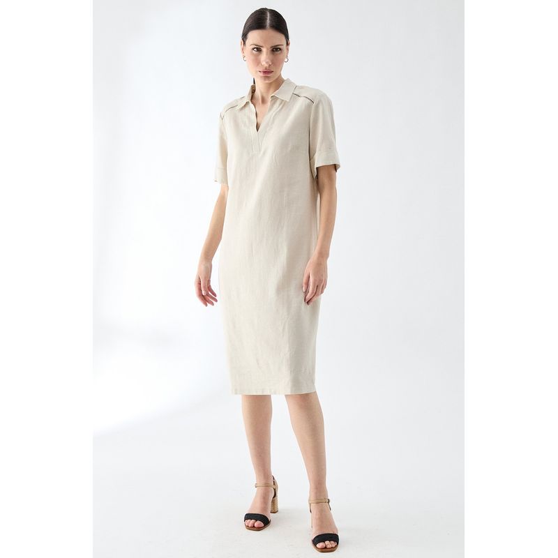 MA GRIFFE - Vestido Lino Cuello Camisero Beige Magriffe