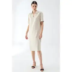 MA GRIFFE - Vestido Lino Cuello Camisero Beige Magriffe
