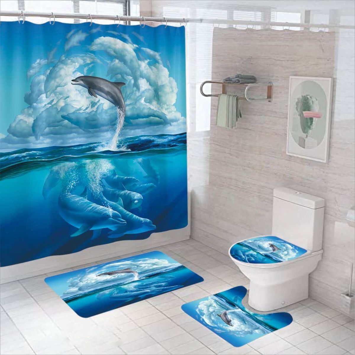 GENERICO - SET DE BAÑO IMPERNEABLE DE 4 PIEZAS CON DISEÑO DELFINES TF