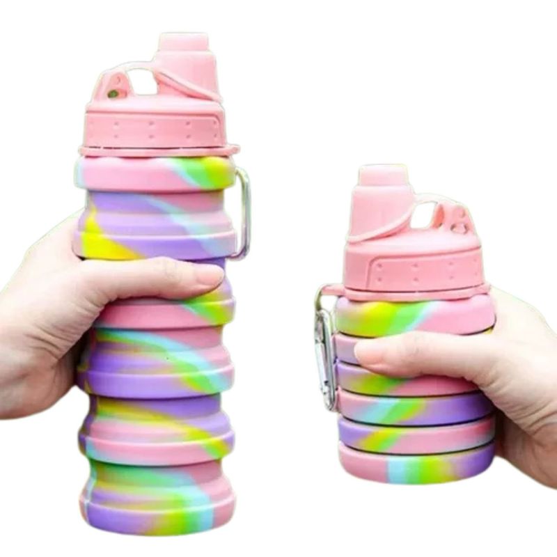 GENERICO - Botella Agua para Niños Silicona Plegable Arcoiris 500ml Rosado