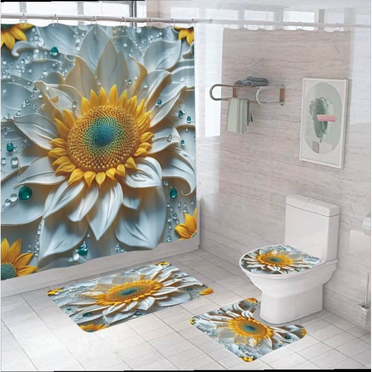 GENERICO - SET DE BAÑO IMPERNEABLE 4 PIEZAS CON DISEÑO GIRASOL BLANCO