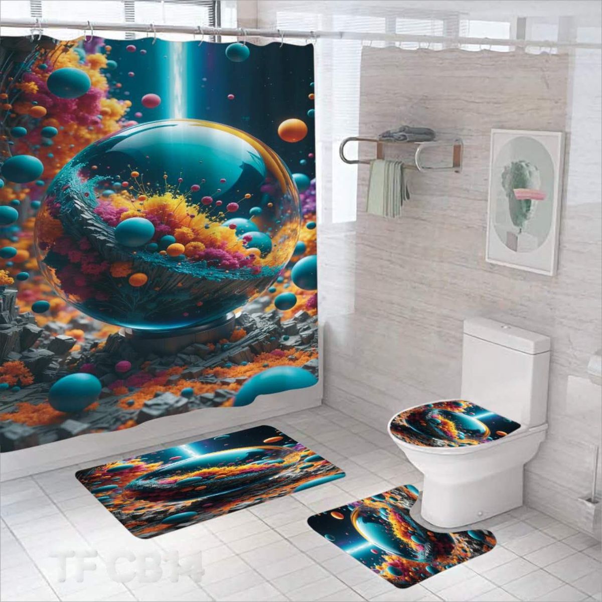 GENERICO - SET DE BAÑO IMPERNEABLE 4 PIEZAS CON DISEÑO CIRCULOS AZULES TF