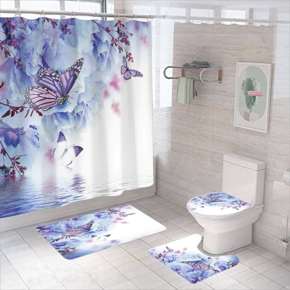 GENERICO - SET DE BAÑO IMPERNEABLE 4 PIEZAS CON DISEÑO MARIPOSAS LILA TF