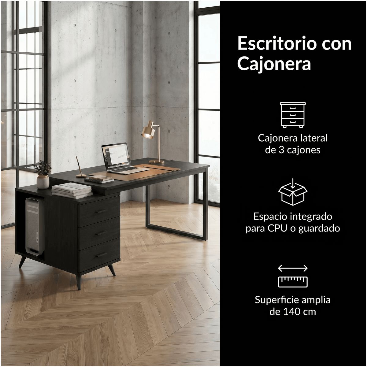 HOMER DESIGN - Escritorio Moderno Con Cajoneras 140x60x75cm Para Oficina