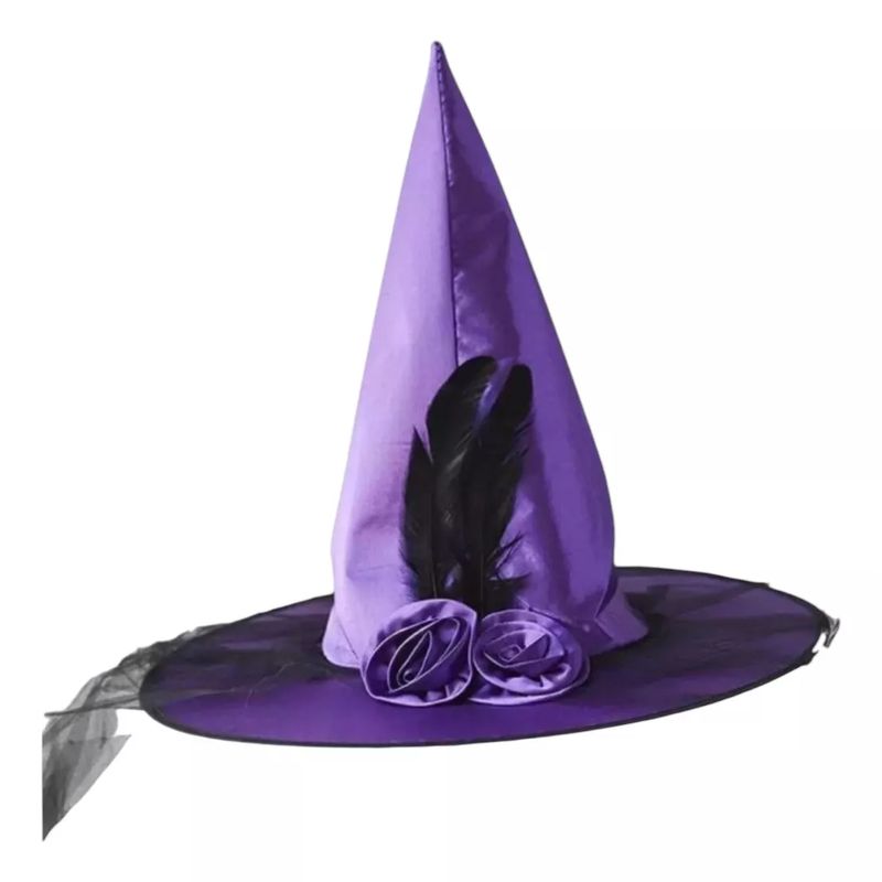 GENERICO - Sombrero Bruja Tela Con Flor Y Velo Colores Negro Y Morado