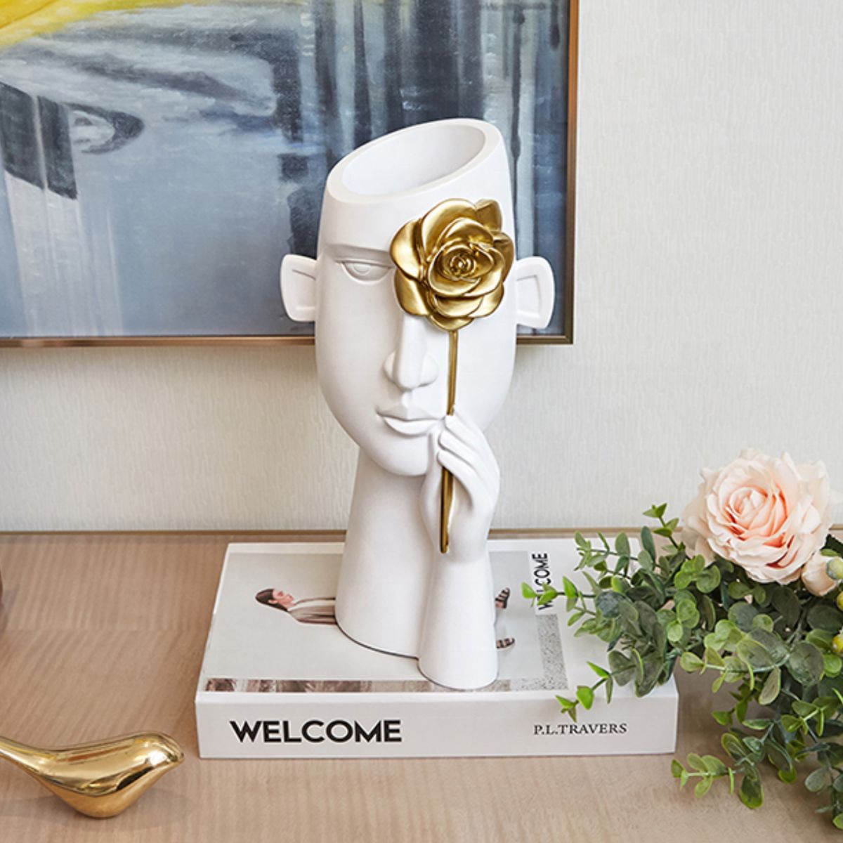 GENERICO - Florero Retrato Nordico Escultura Rostro De Resina Blanco