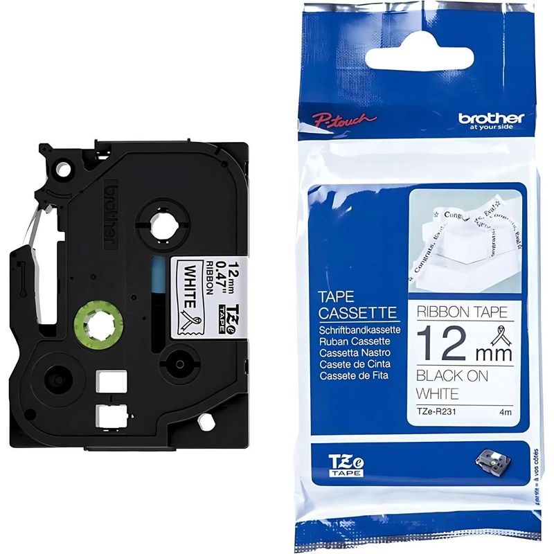 BROTHER - ETIQUETA BROTHER 12 MM SATINAD TEX NEGRO SOBRE TEJIDO BLANCO