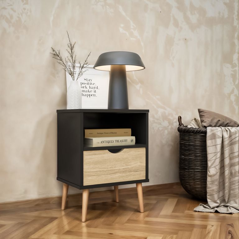 Velador Top Living Tromso Con Cajon Negro y Madera