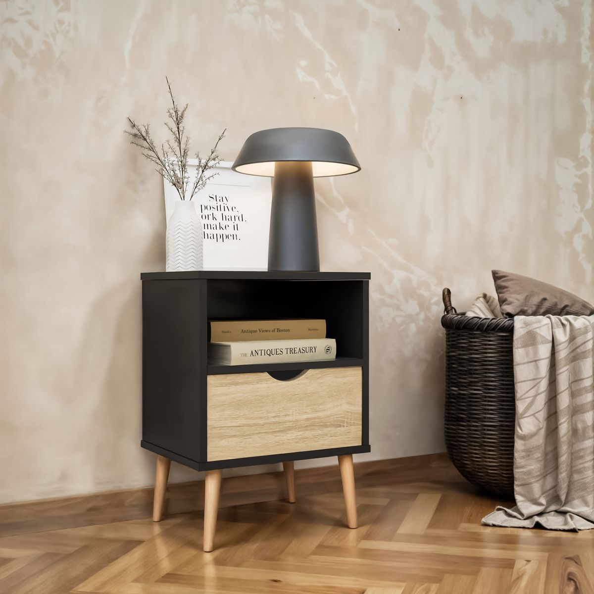 RELAN - Velador Top Living Tromso Con Cajón Negro y Madera