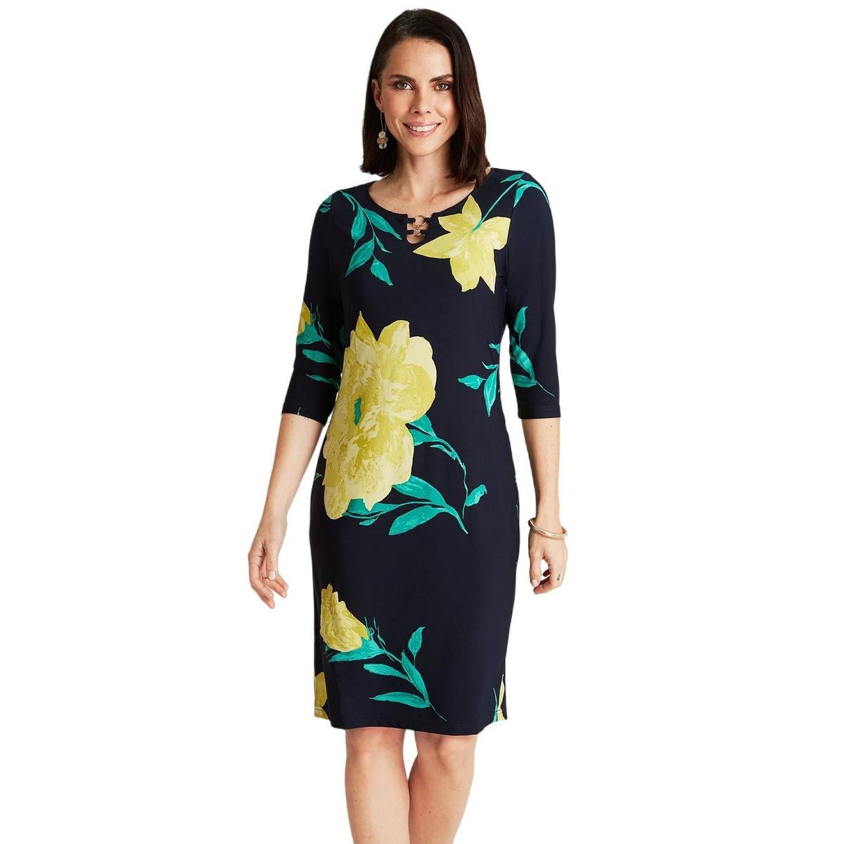 LORENZO DI PONTTI - Vestido Midi Azul Manga 3/4 Estampado Cuello Redondo