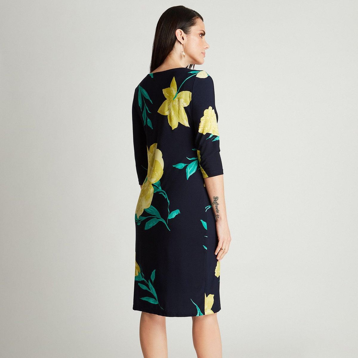 LORENZO DI PONTTI - Vestido Midi Azul Manga 3/4 Estampado Cuello Redondo