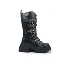 APOSTOL - Bota negra larga tacon plataforma broches de corazón