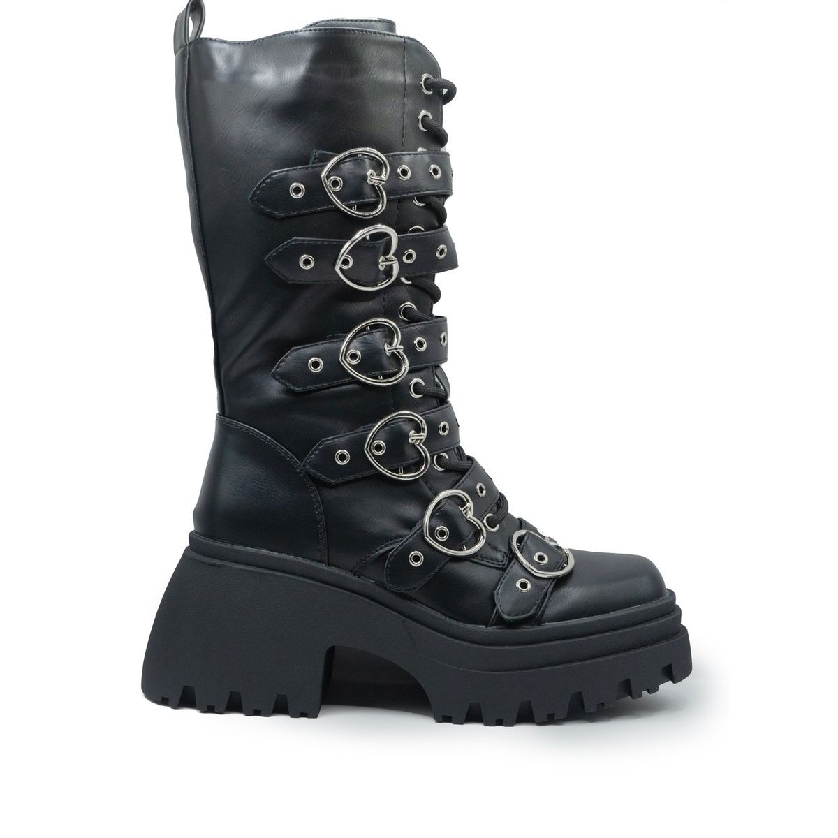 BOVINITA - Bota Mujer negra larga tacon plataforma broches de corazón