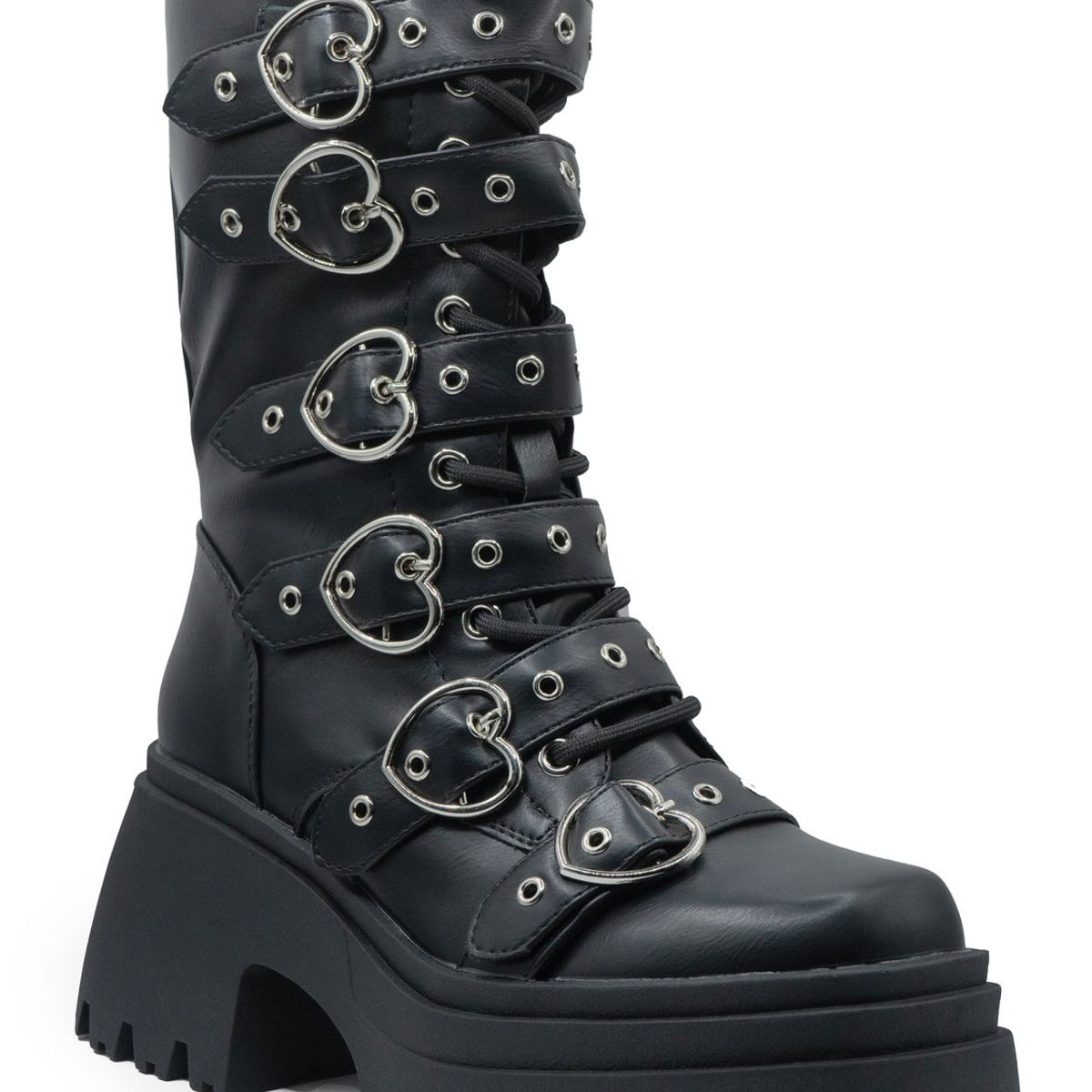 BOVINITA - Bota Mujer negra larga tacon plataforma broches de corazón